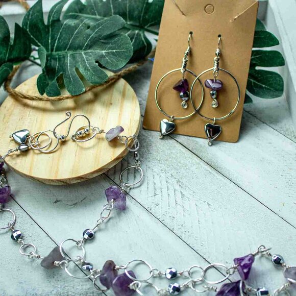 Amethyst Chip Silver Hoop Earrings & Necklace Set with Silver-Plated Heart Charm - Picture 2 of 9